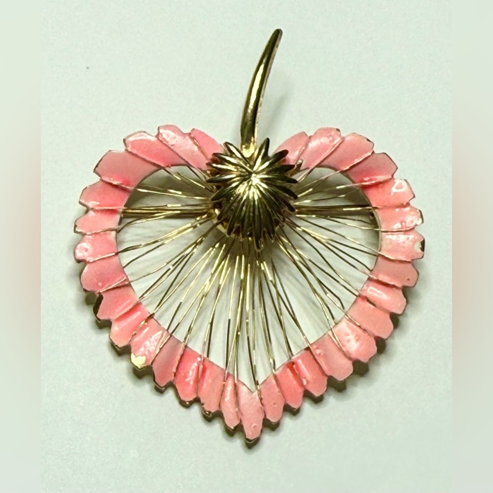 Vintage Brooch Pin Wire Wrapped Heart Apple Gold Pink Enamel Gold Leaf and Stem